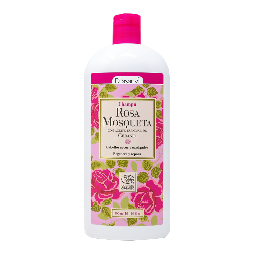 CHAMPÚ / SHAMPOO ORGÁNICO FITOAROMATERAPIA ROSA MOSQUETA, ALOE VERA Y ACEITE ESENCIAL GERANIO – FRASCO X 500 ML